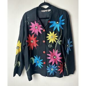 New Directions Shirt Size XL Black Floral Embroidered Silk Blend Artsy Button